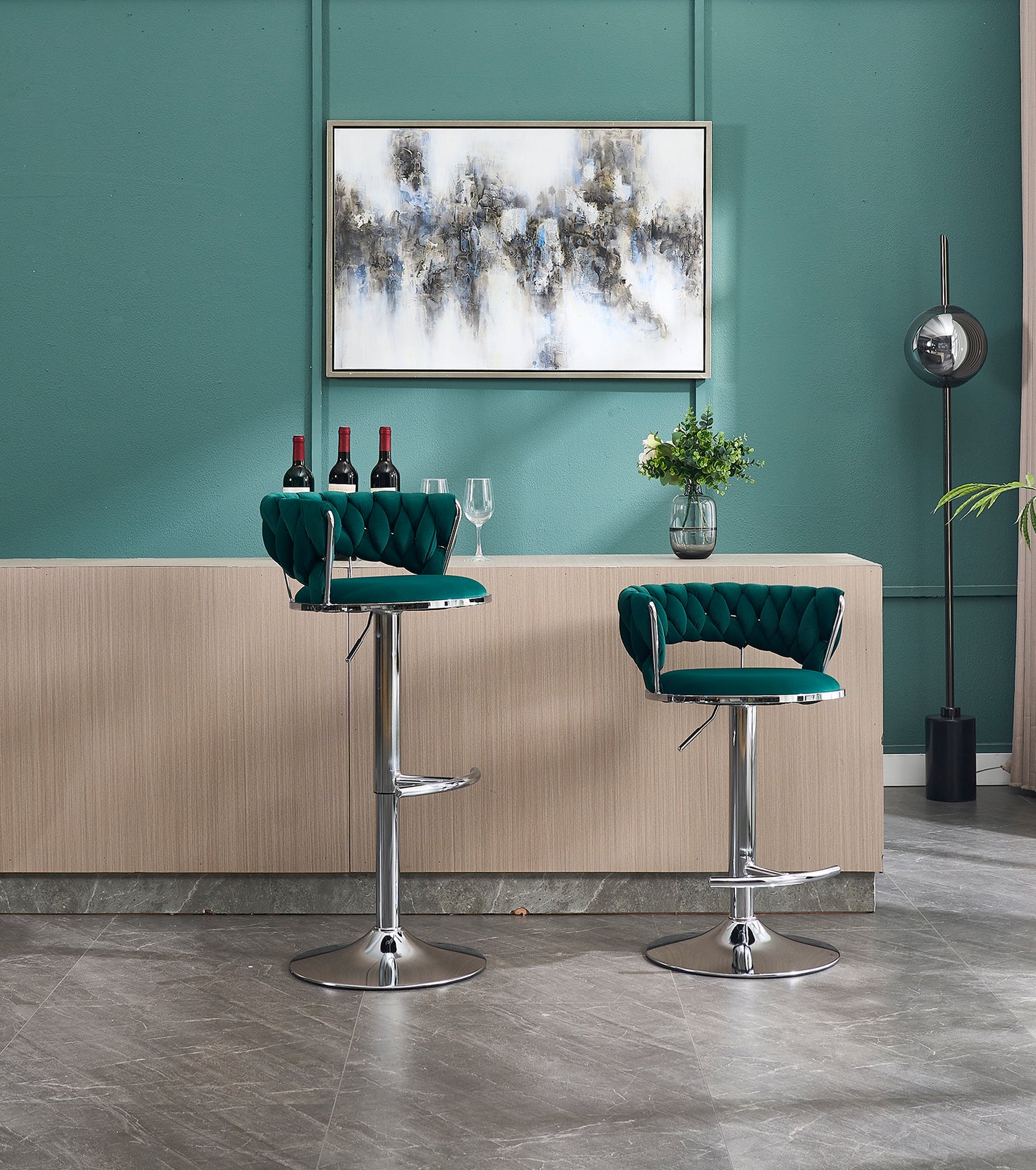 Set of 2 Bar Stools,with Chrome Footrest and Base Swivel Height Adjustable Mechanical Lifting Velvet + Chrome Leg Simple Bar Stool-GREEN image 1