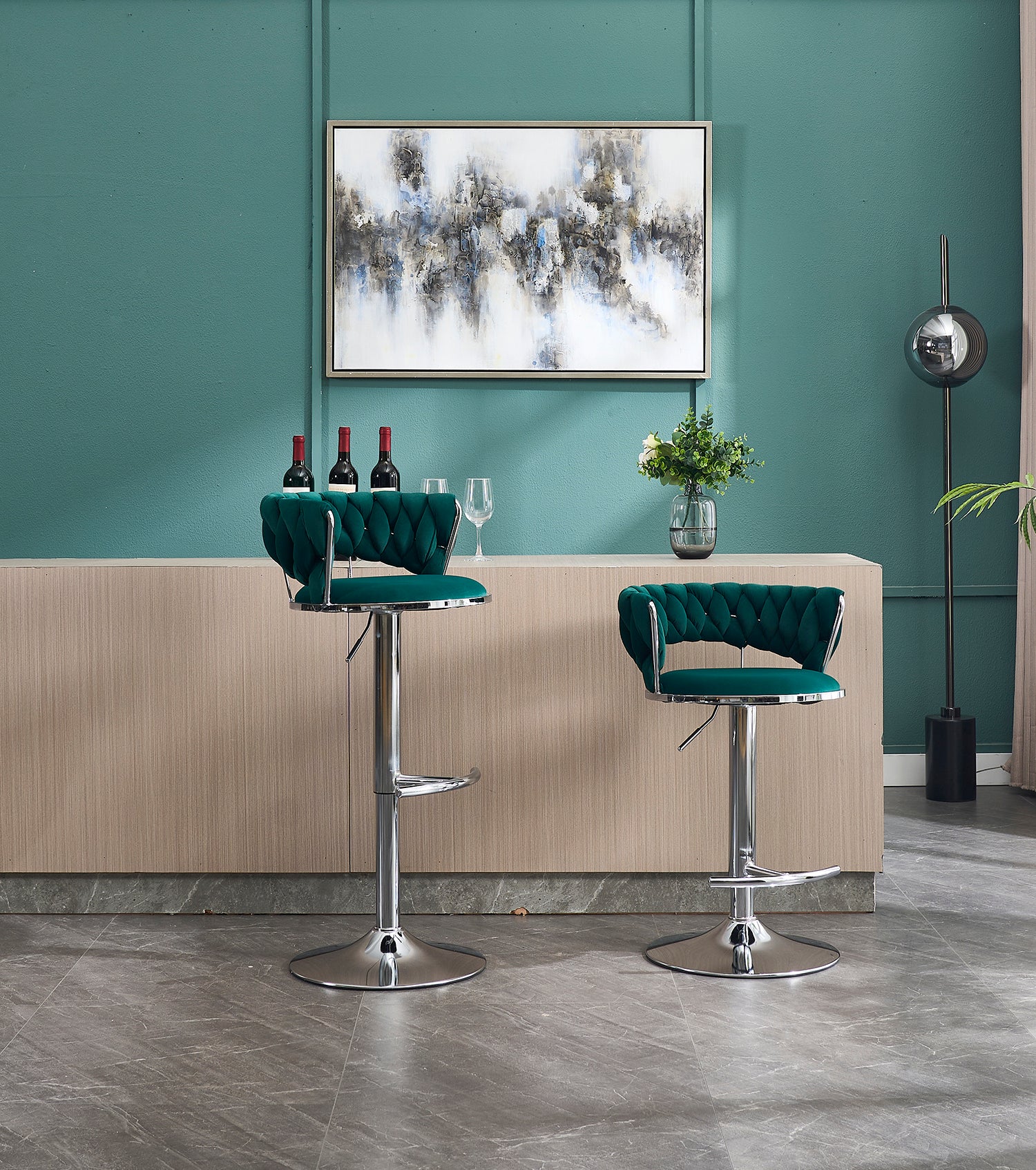 Set of 2 Bar Stools,with Chrome Footrest and Base Swivel Height Adjustable Mechanical Lifting Velvet + Chrome Leg Simple Bar Stool-GREEN image 1