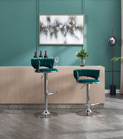Set of 2 Bar Stools,with Chrome Footrest and Base Swivel Height Adjustable Mechanical Lifting Velvet + Chrome Leg Simple Bar Stool-GREEN image 1