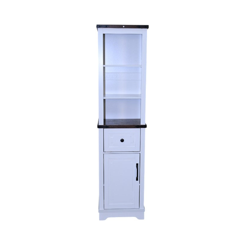 Farmhouse linen tower with adjustable shelves and drawer