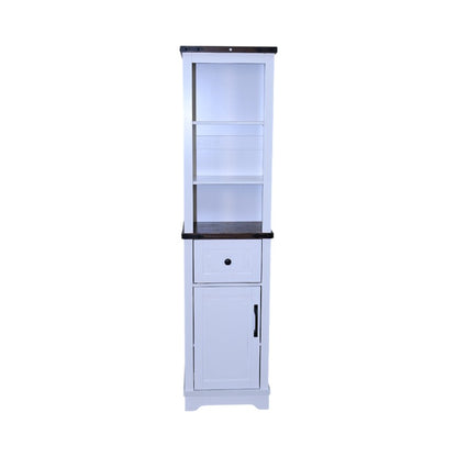 Farmhouse linen tower with adjustable shelves and drawer