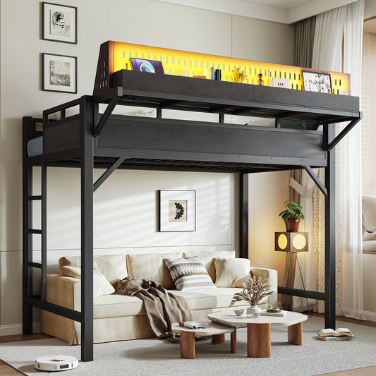 Twin XL size Loft Bed Frame with Storage Shelves and Pegboard, Metal Loft Bed with USB Ports and LED Lights, Safe and Sturdy, Black image 1