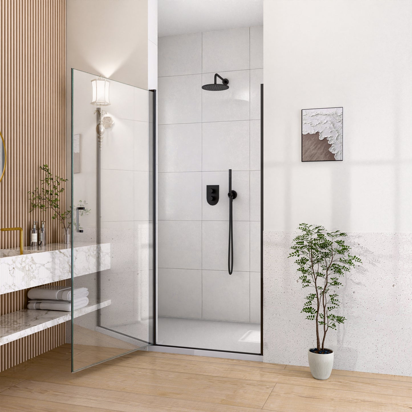 34" W x 72" H Semi-Frameless Circular Pivot Shower Door in Matte Black With 1/4" (6mm) Thick SGCC Tempered Glass image 6