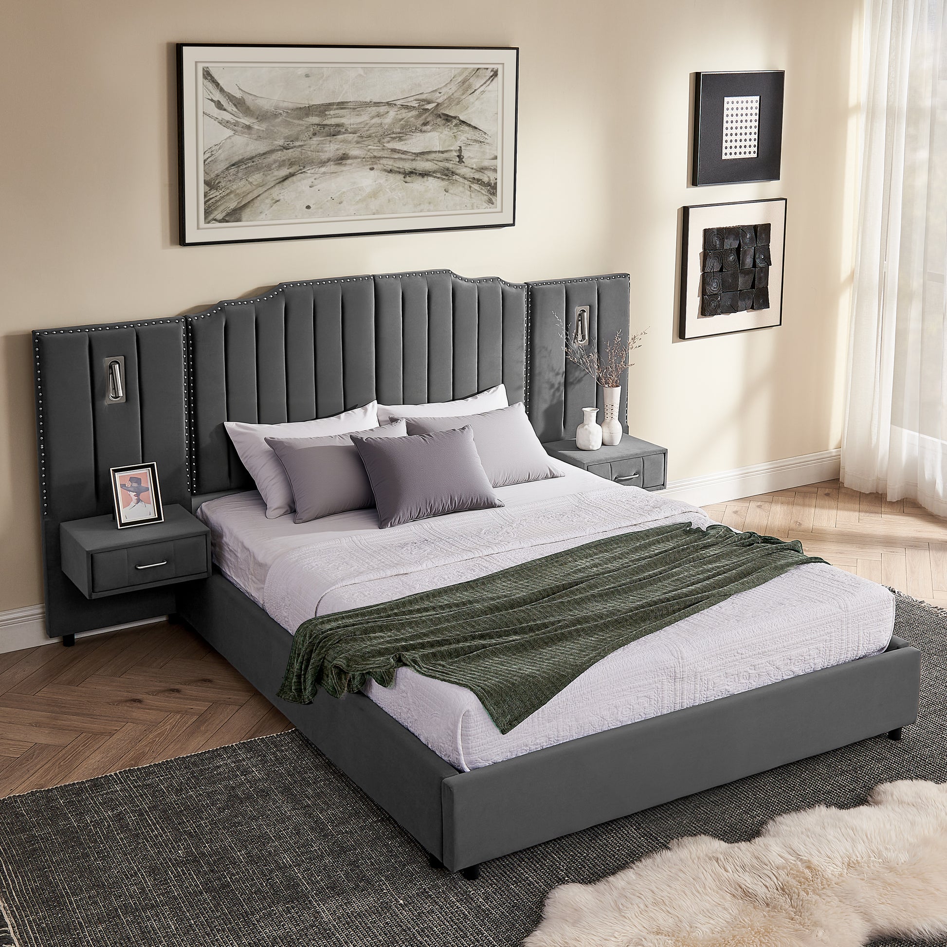 Queen Size Upholstered Bed Frame with Velvet Fabric, Vertical Stripe Design with Buttons Around Platform Bed with Headboard, Solid Frame & Bedside Table - No Box Spring Needed-Gray image 4