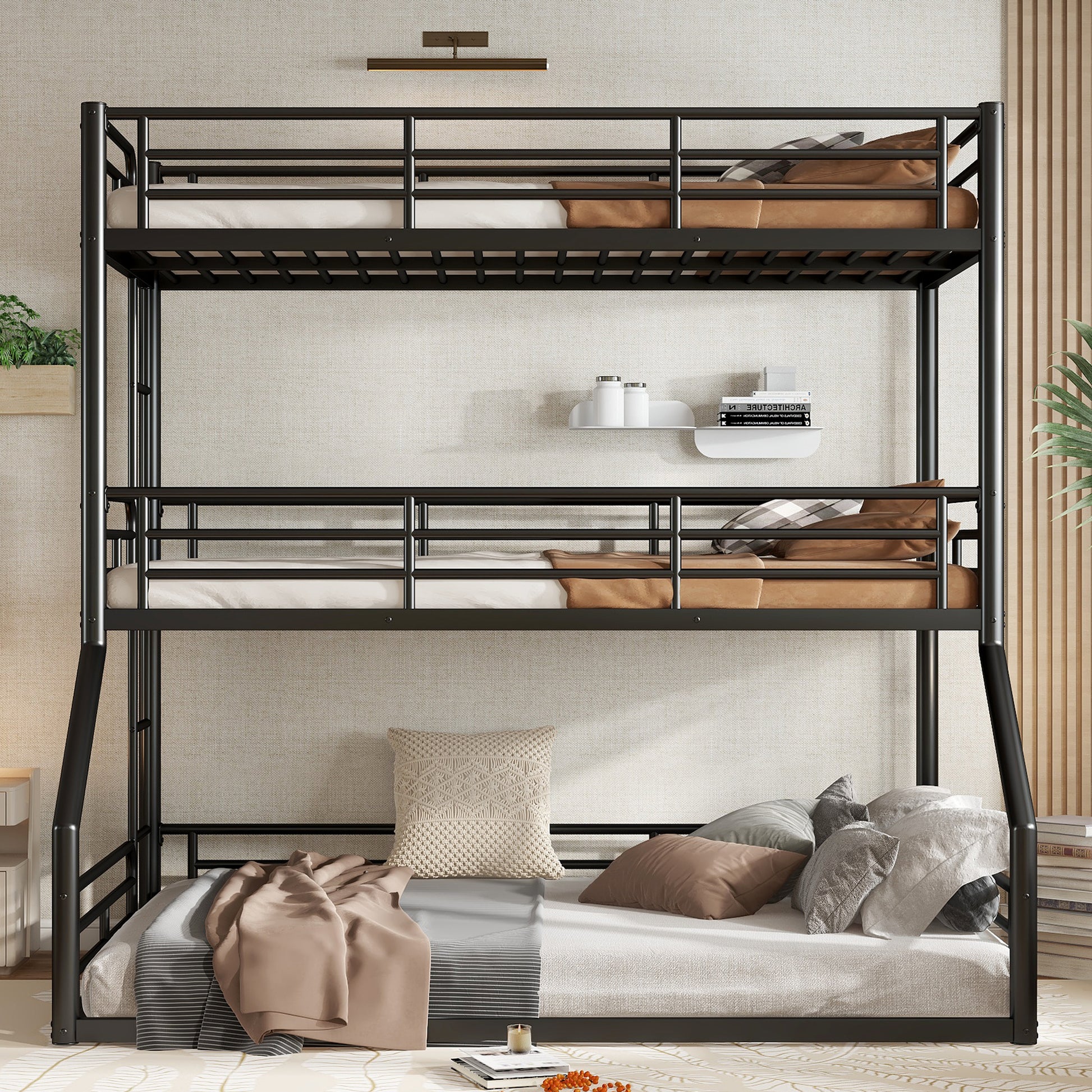 Twin over Twin over Full Bunk Bed, Metal Triple Bunk Bed with Safety Guardrails, Heavy-duty Bunk Bed with Noise-reduced Design, Black image 2