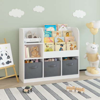 Kids Bookcase and Bookshelf, Multifunctional Bookcase with 3 Collapsible Fabric Drawers, Bookcase Display Stand, Toy Storage Organizer for Bedroom, Playroom, Hallway (White/Gray) image 12
