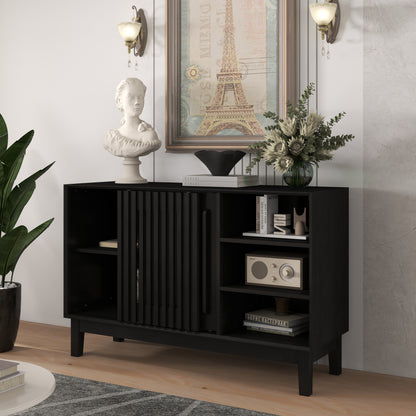 47.3" Sideboard Buffet Cabinet with Storage, Farmhouse Fluted Sideboard with 2 Doors & Solid Wood Feet, TV Media Console, Storage Cabinet for Kitchen Dining Living Room Entryway Hallway, Black image 10