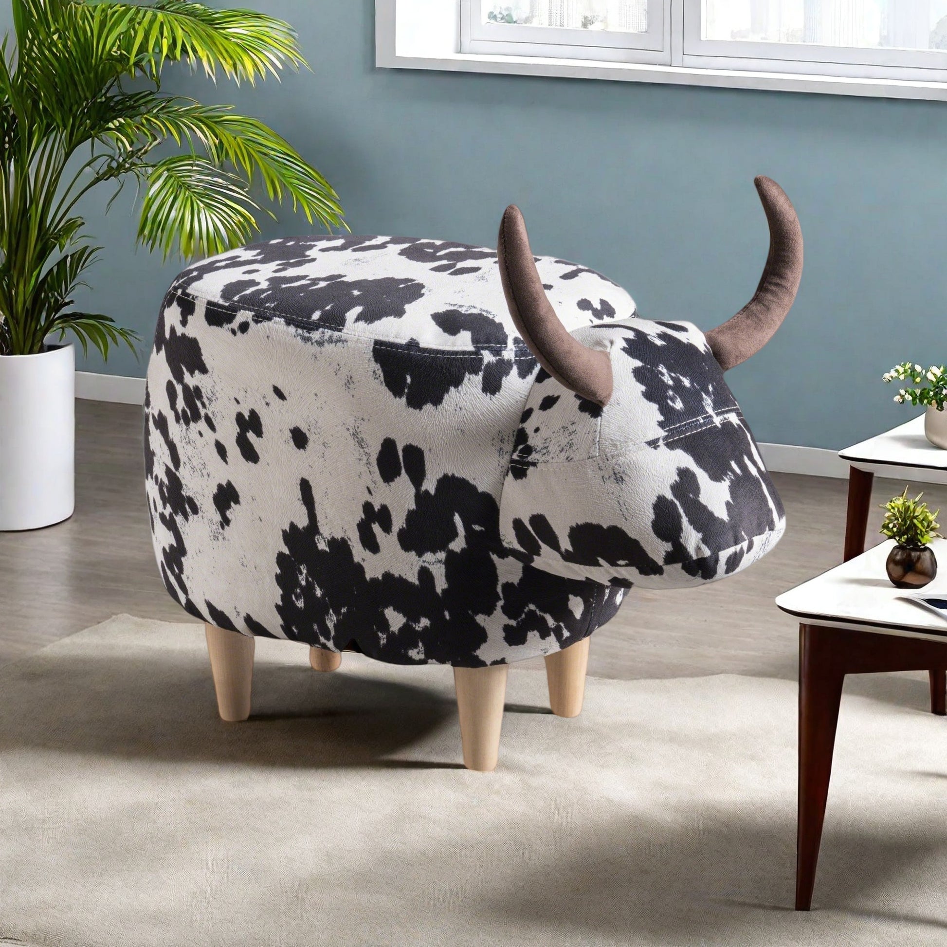 Animal Ottoman/Footstool, Black and White Cow-Shaped Ottoman, Modern Ottoman, Modern Accent Stool Home Decor, Suitable for Living Room, Bedroom, Porch, Garden, Backyard, Balcony image 9