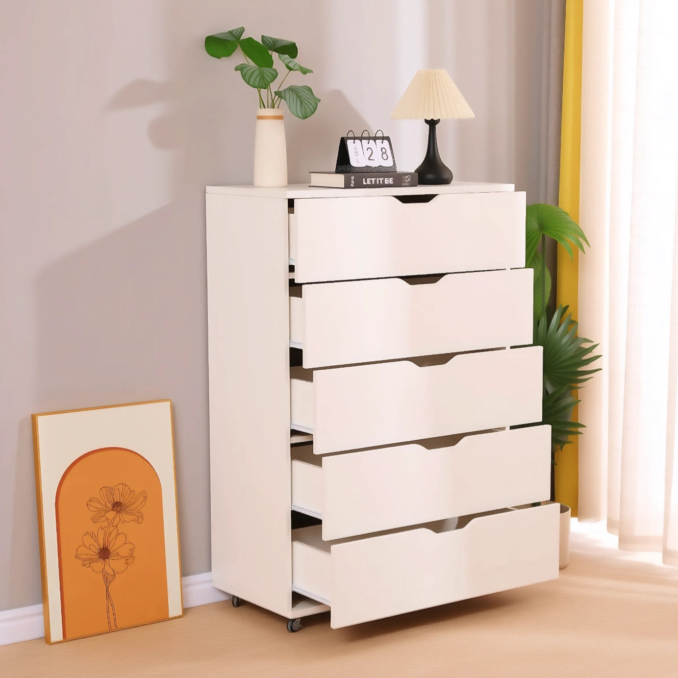 White 5-Drawer Dresser with Wheels – Modern Storage Cabinet image 3