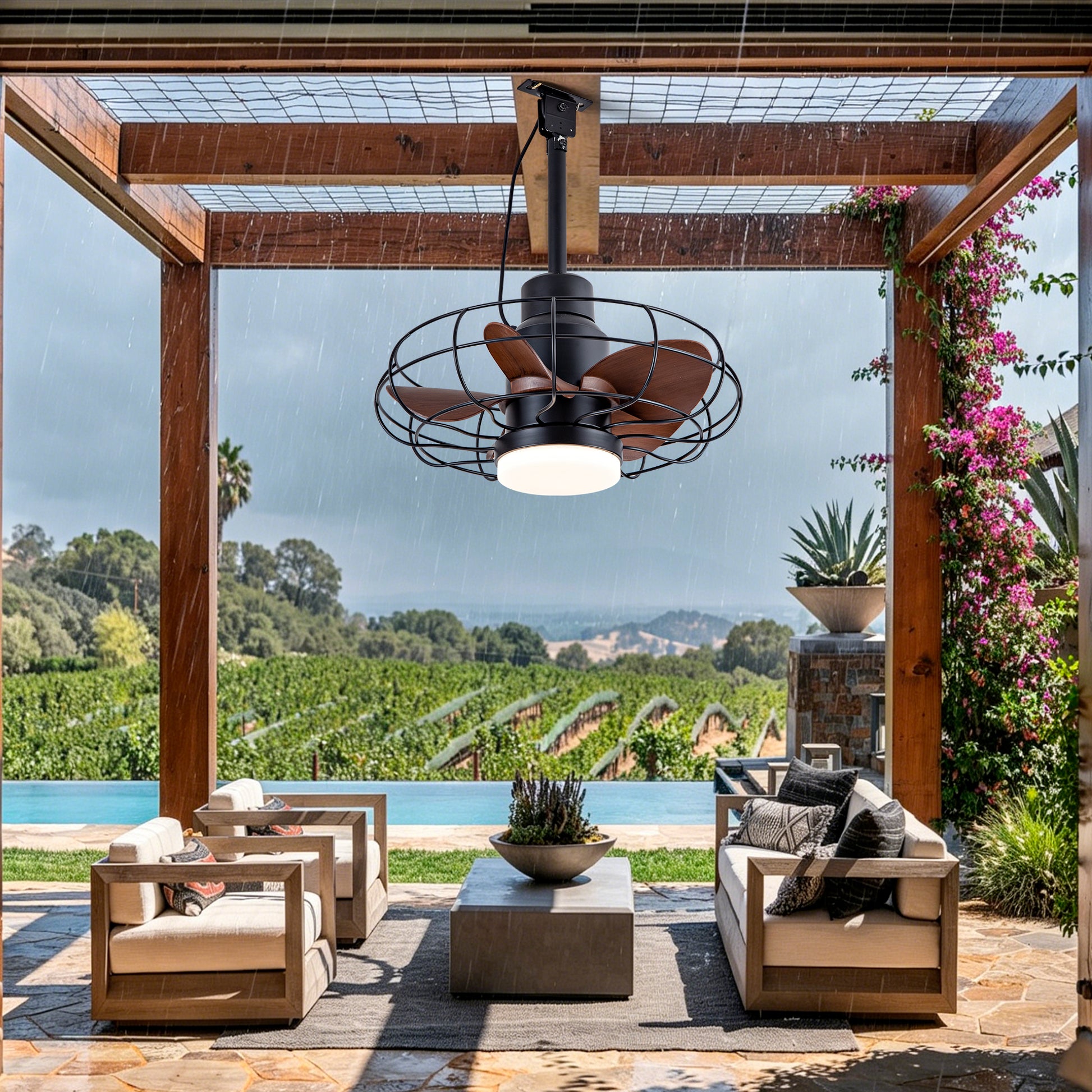 20" Outdoor Ceiling Fan with Lights for Patios, Gazebo and Pergola. Plug in Gazebo Ceiling Fan with Remote Control, Waterproof Caged Hanging Fans with Hook and strap image 1