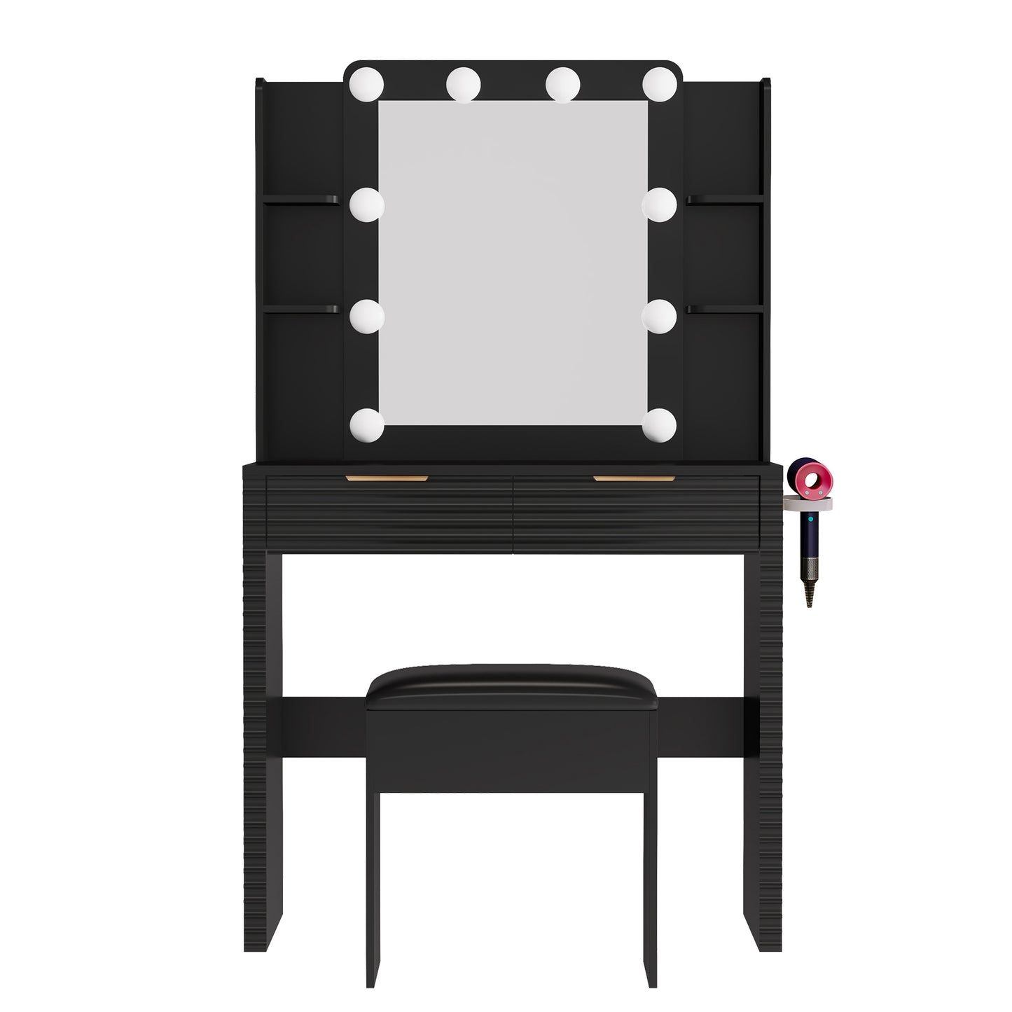 Makeup Vanity Desk with 10 Hollywood Bulbs, Fluted Dressing Table with Charging Station, 2 Drawers and 4 Open Shelves, Hairdryer Holder, Padded Stool with Storage, Black image 7