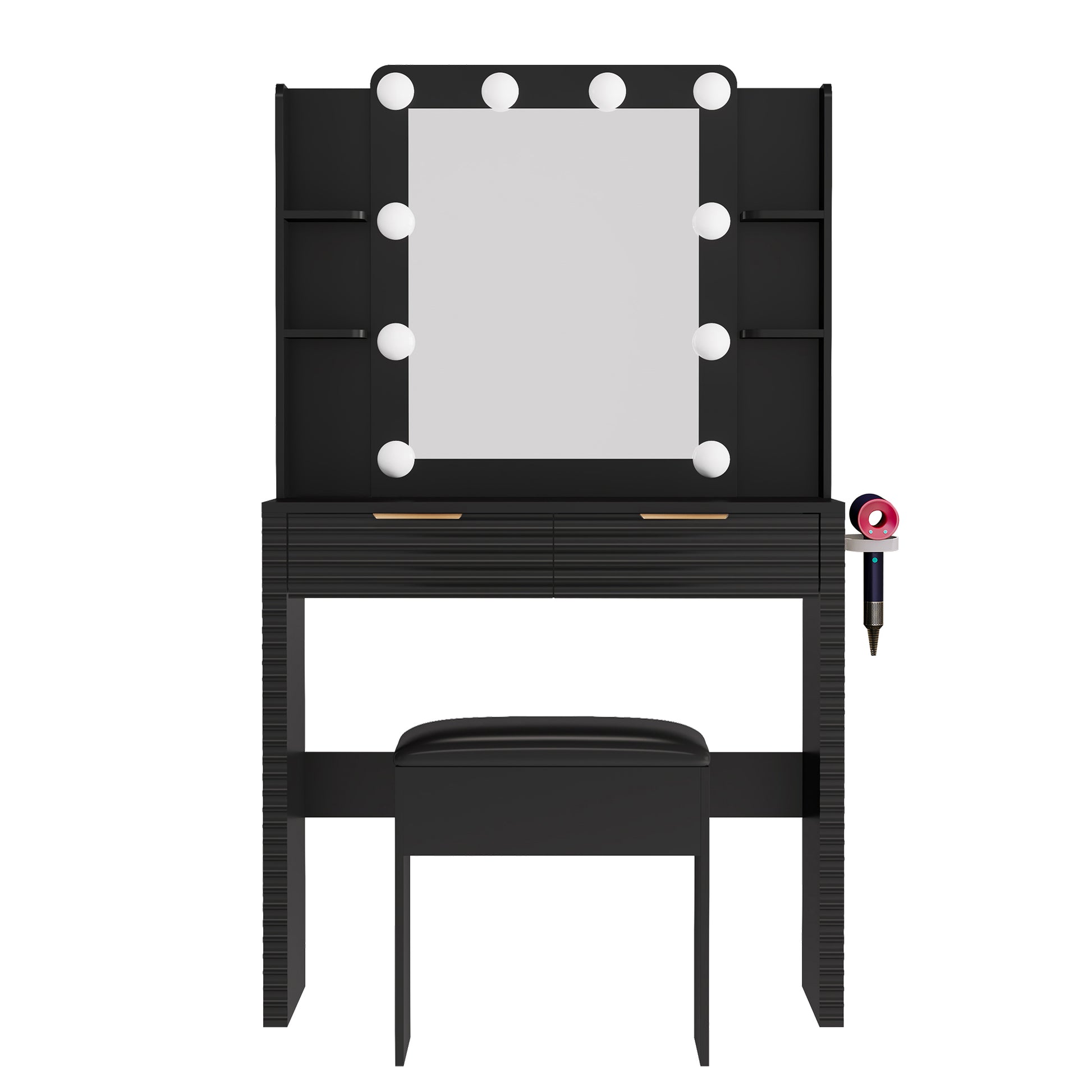 Makeup Vanity Desk with 10 Hollywood Bulbs, Fluted Dressing Table with Charging Station, 2 Drawers and 4 Open Shelves, Hairdryer Holder, Padded Stool with Storage, Black image 7