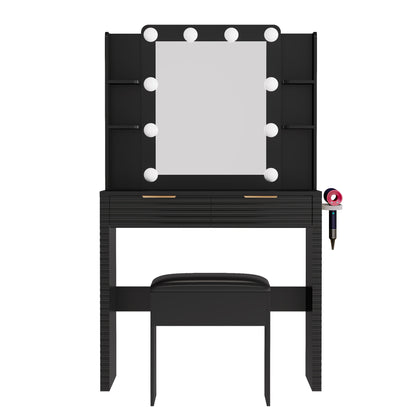 Makeup Vanity Desk with 10 Hollywood Bulbs, Fluted Dressing Table with Charging Station, 2 Drawers and 4 Open Shelves, Hairdryer Holder, Padded Stool with Storage, Black image 7