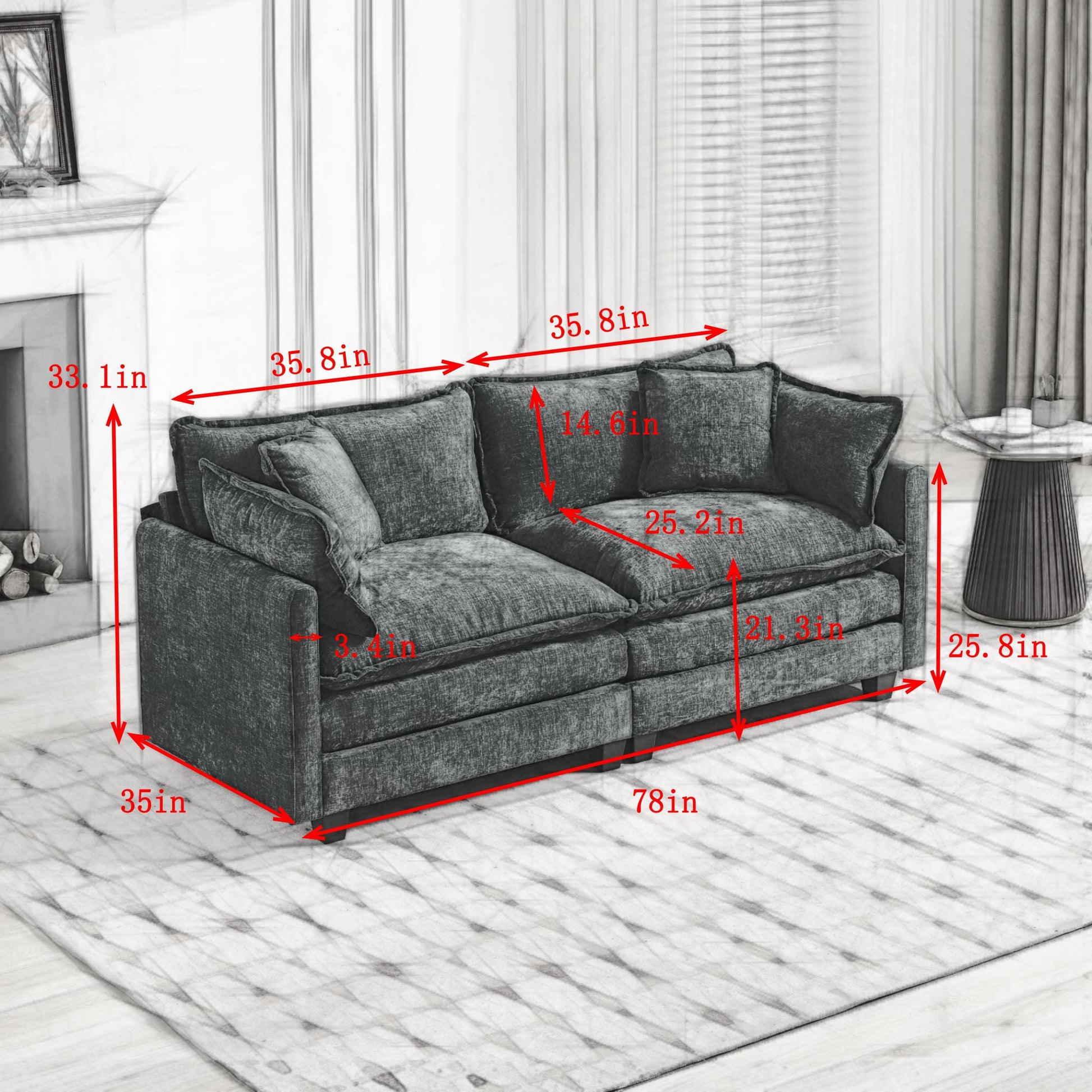 Cloud Sofa LoveSeat (Ottoman is not included), Modern Sectional Couch, for Living Room Bedroom and Apartment, Comfy Double Layer Upholstered Seat Cushion, Breathable Chenille Fabric, Gray,SSS5012GY image 5