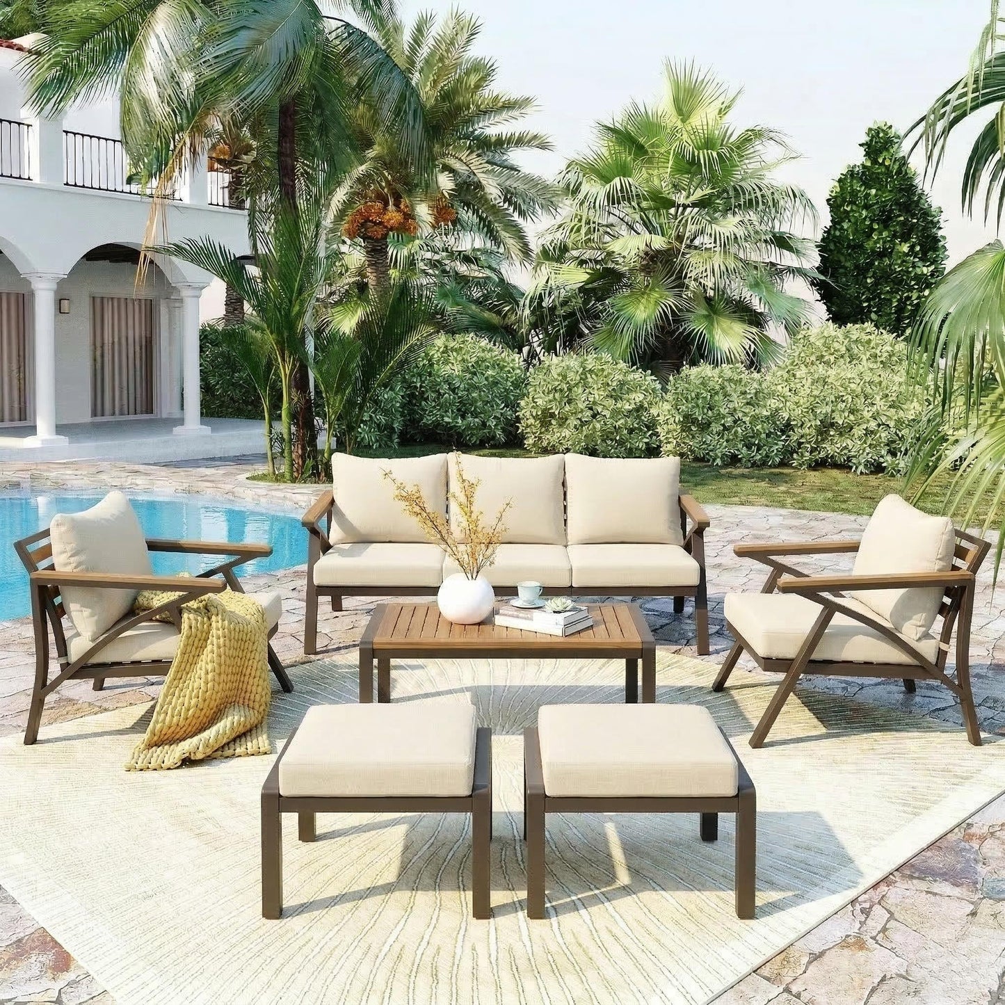 6-Piece Outdoor Patio Furniture Set, Steel Frame Sofa Set with 3-Seat Couch, 2 Armchairs, 2 Ottomans & Acacia Wood Coffee Table, Cushioned Seating for Backyard, Garden, Poolside, Beige Cushion image 4