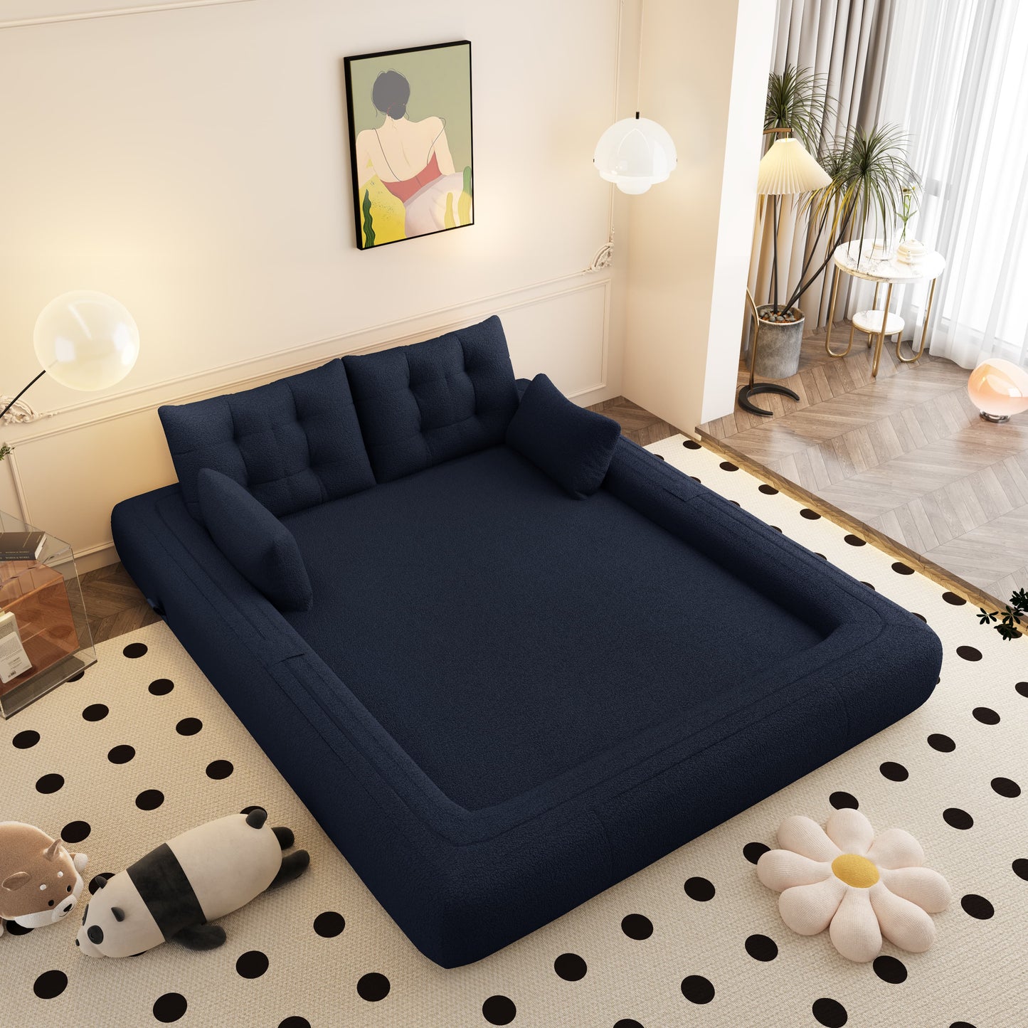 Human Dog Bed, Lazy Sofa Couch, 78.7" Multi-Functional Foldable Sofa Bed, 3-in-1 Sherpa Fleece Fabric Foam-Filled Sleeper Sofa Bed for Living Room,Guest Bed,Playroom,Dark blue image 3