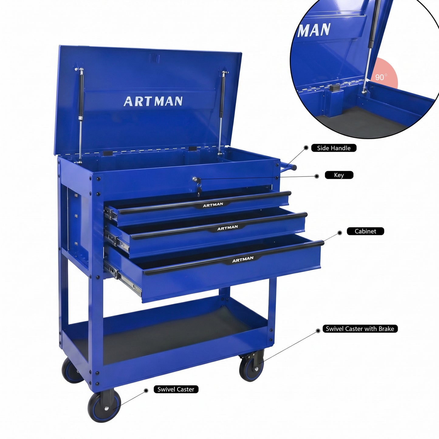 3 DRAWERS MULTIFUNCTIONAL TOOL CART WITH WHEELS AND STEEL TOP-Blue&Black image 6