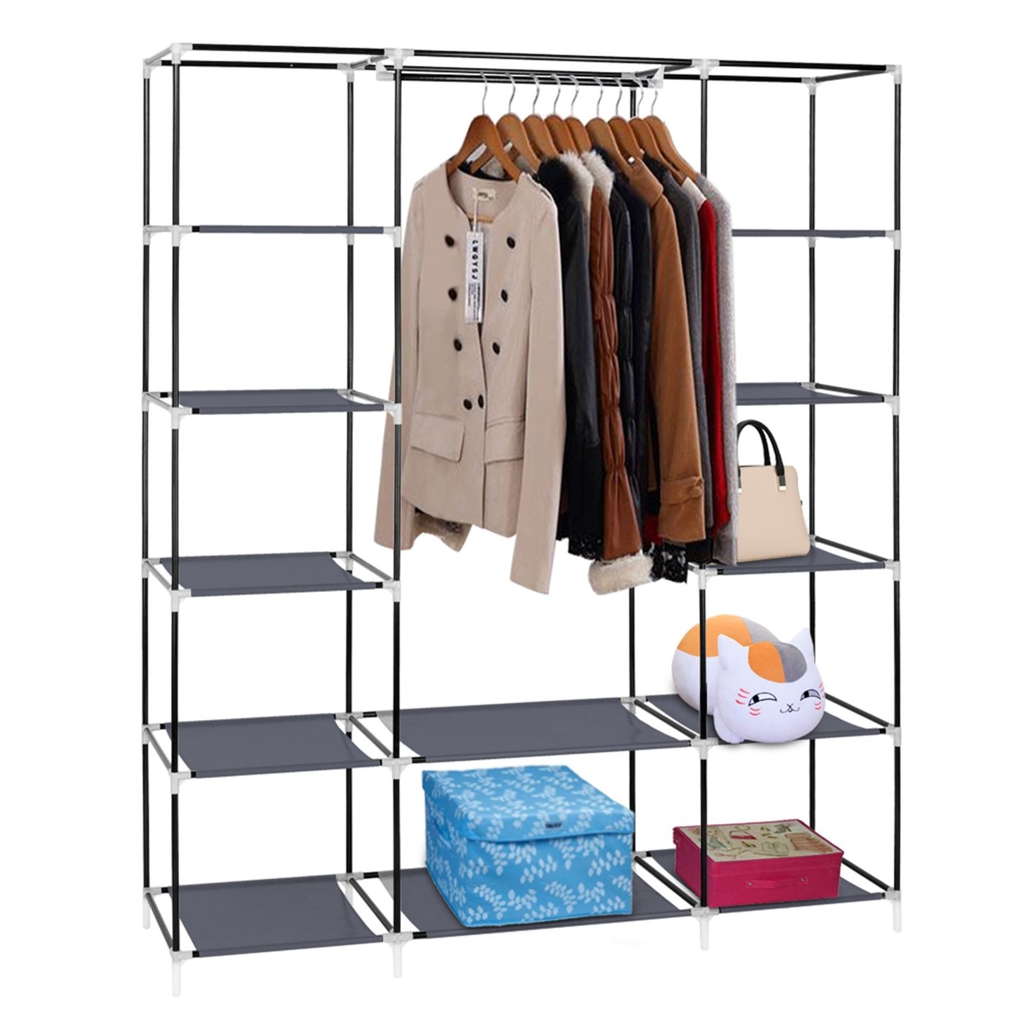 Storage organizer with 12 shelves and hanging rod - gray color