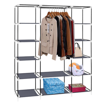 Storage organizer with 12 shelves and hanging rod - gray color