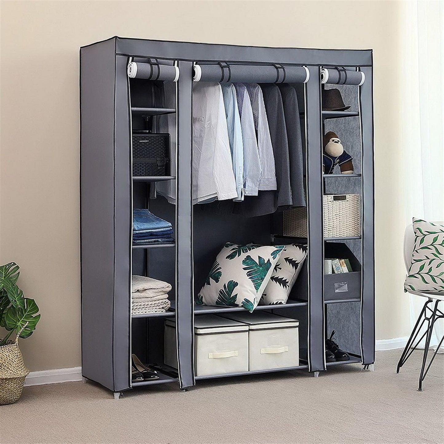 69 inch portable clothes closet wardrobe storage organizer with non-woven fabric and steel frame - front view