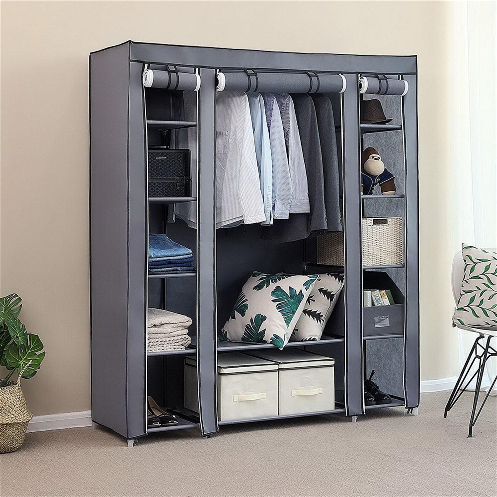 69 inch portable clothes closet wardrobe storage organizer with non-woven fabric and steel frame - front view
