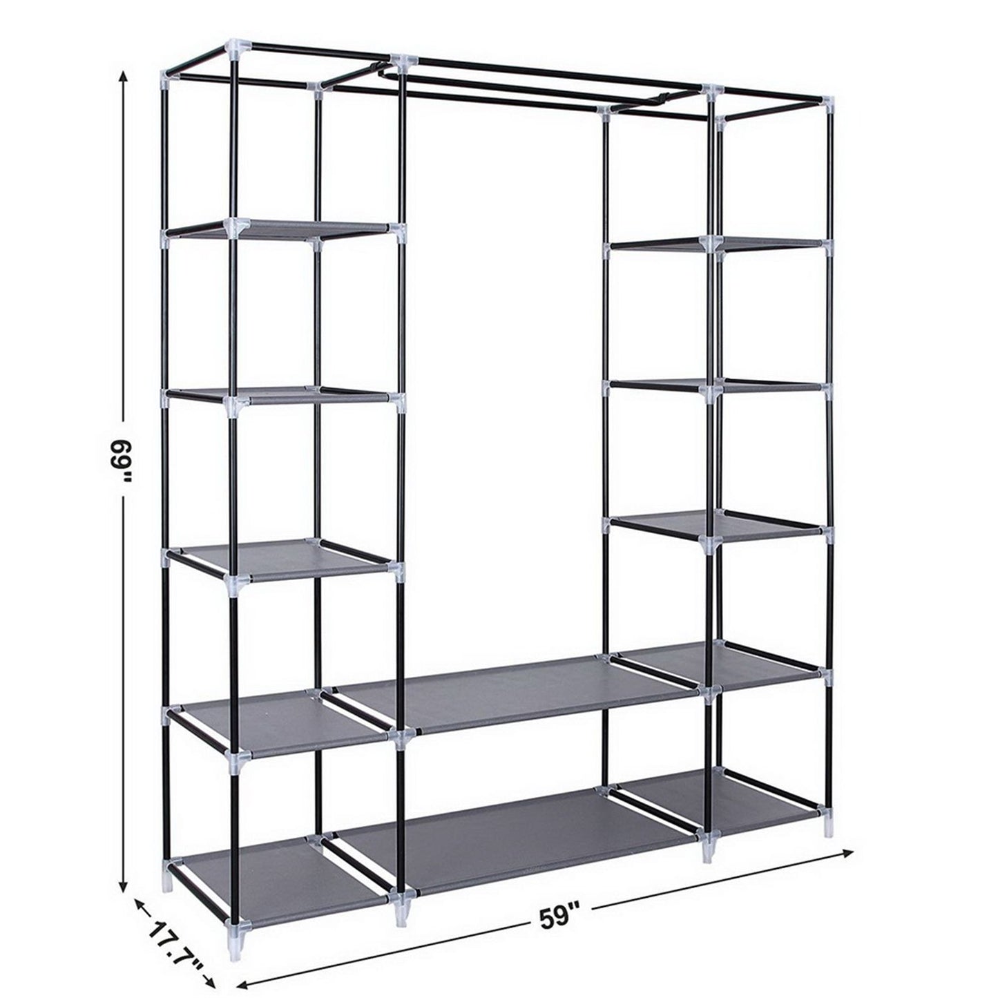 Portable wardrobe organizer with 12 shelves and hanging rod - side view