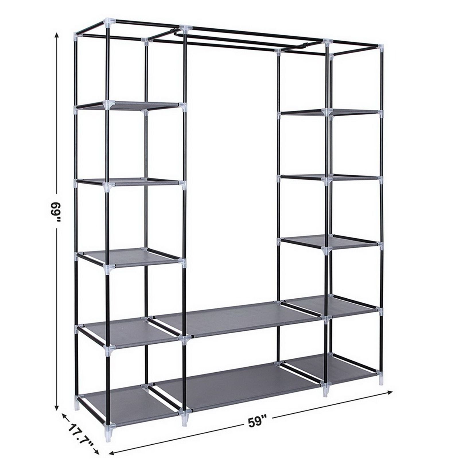 Portable wardrobe organizer with 12 shelves and hanging rod - side view