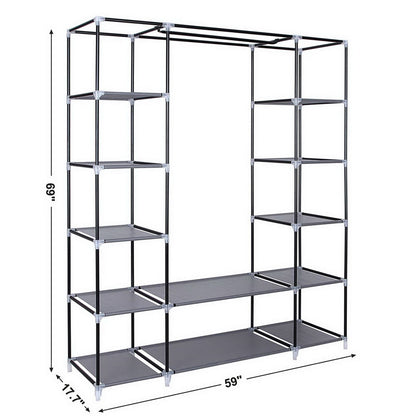 Portable wardrobe organizer with 12 shelves and hanging rod - side view