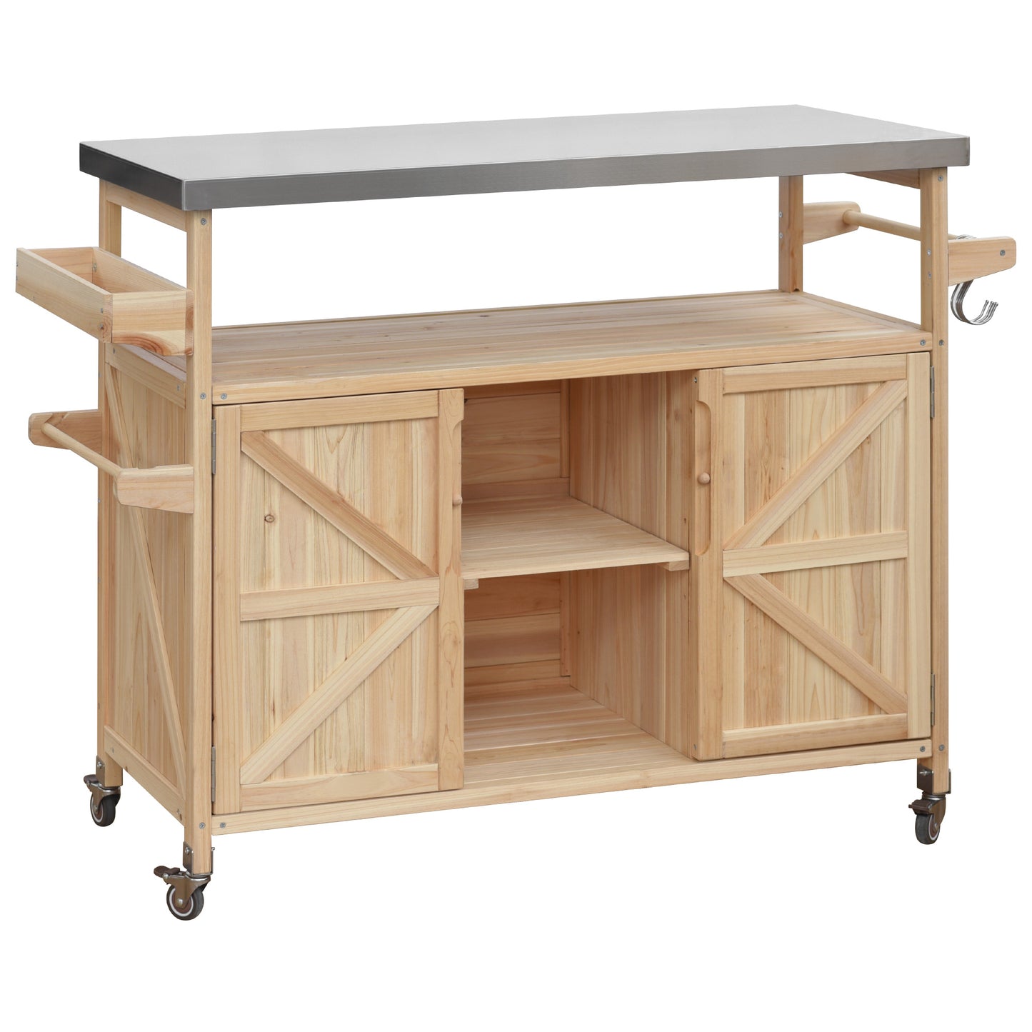 K&K Outdoor Kitchen Island, Rolling Bar Cart & Storage Cabinet, Farmhouse Solid Wood Outdoor Grill Table with Stainless Steel Top, Spice Rack, Towel Rack for Kitchen & BBQ, Natural image 12