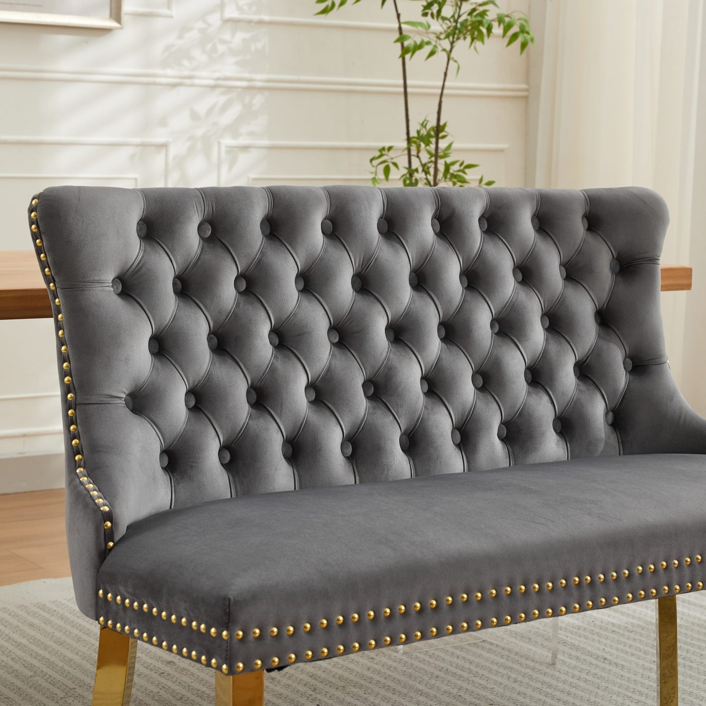 Velvet Double Dining Loveseat Bench, Kitchen & Dining Seating, 2-Seat Tufted Bench w/Handmade Buttons, Wing Back, Gold-Plated Steel Legs, Mid Century Modern,Single Pack,Gray,SW1602GY image 9