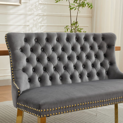 Velvet Double Dining Loveseat Bench, Kitchen & Dining Seating, 2-Seat Tufted Bench w/Handmade Buttons, Wing Back, Gold-Plated Steel Legs, Mid Century Modern,Single Pack,Gray,SW1602GY image 9