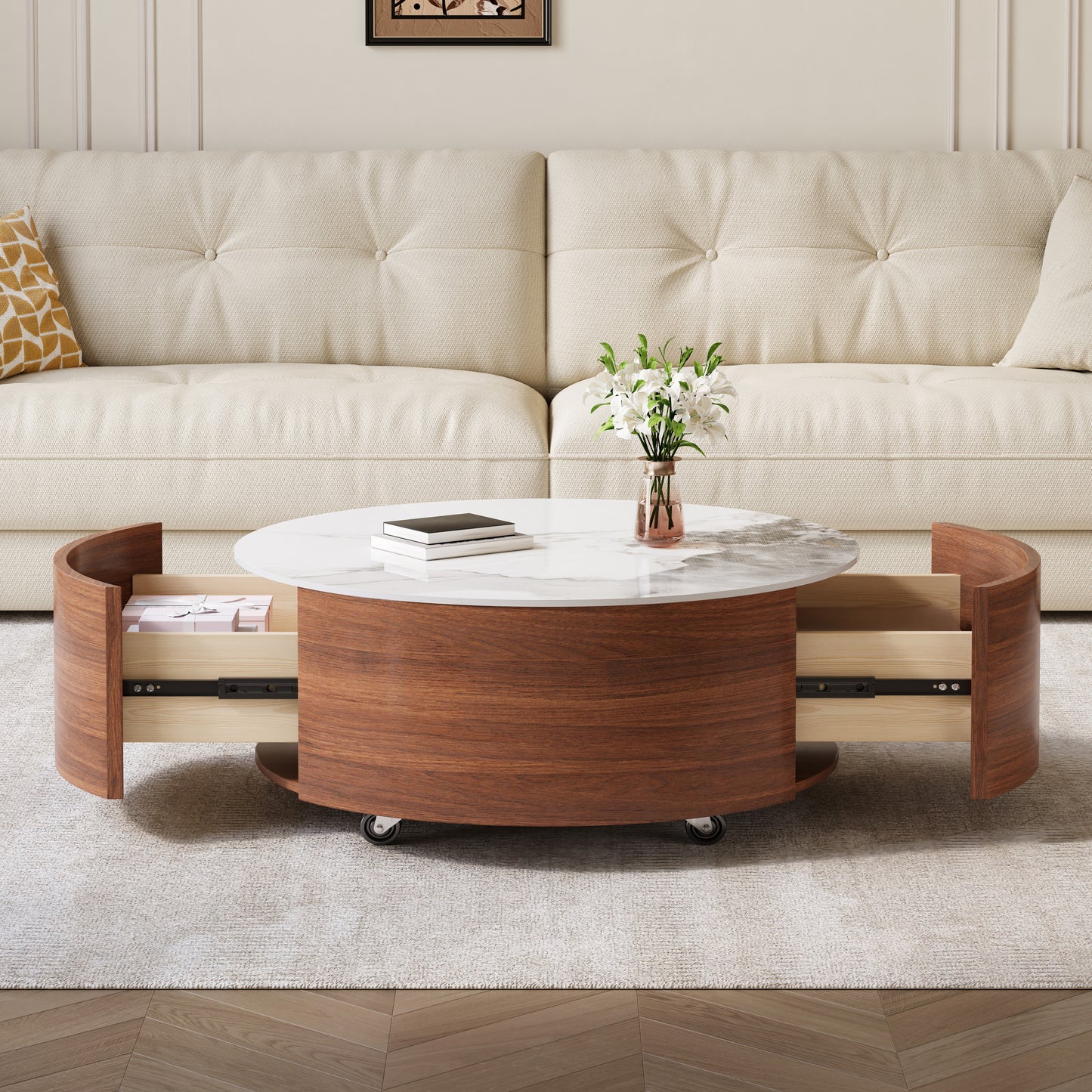 Modern Round Movable Coffee Table with Casters, 2 Drawers, Marble Pattern Sintered Stone Top, Walnut, 29.5" image 4