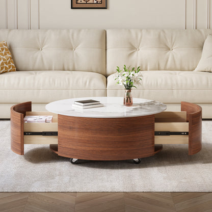 Modern Round Movable Coffee Table with Casters, 2 Drawers, Marble Pattern Sintered Stone Top, Walnut, 29.5" image 4
