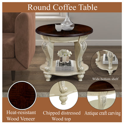 22'' Two Tone Round End Table,Solid Wood Sofa Side Table with Shelf,Living Room Corner Table Easy Assemble,Beige and Espresso Top image 5