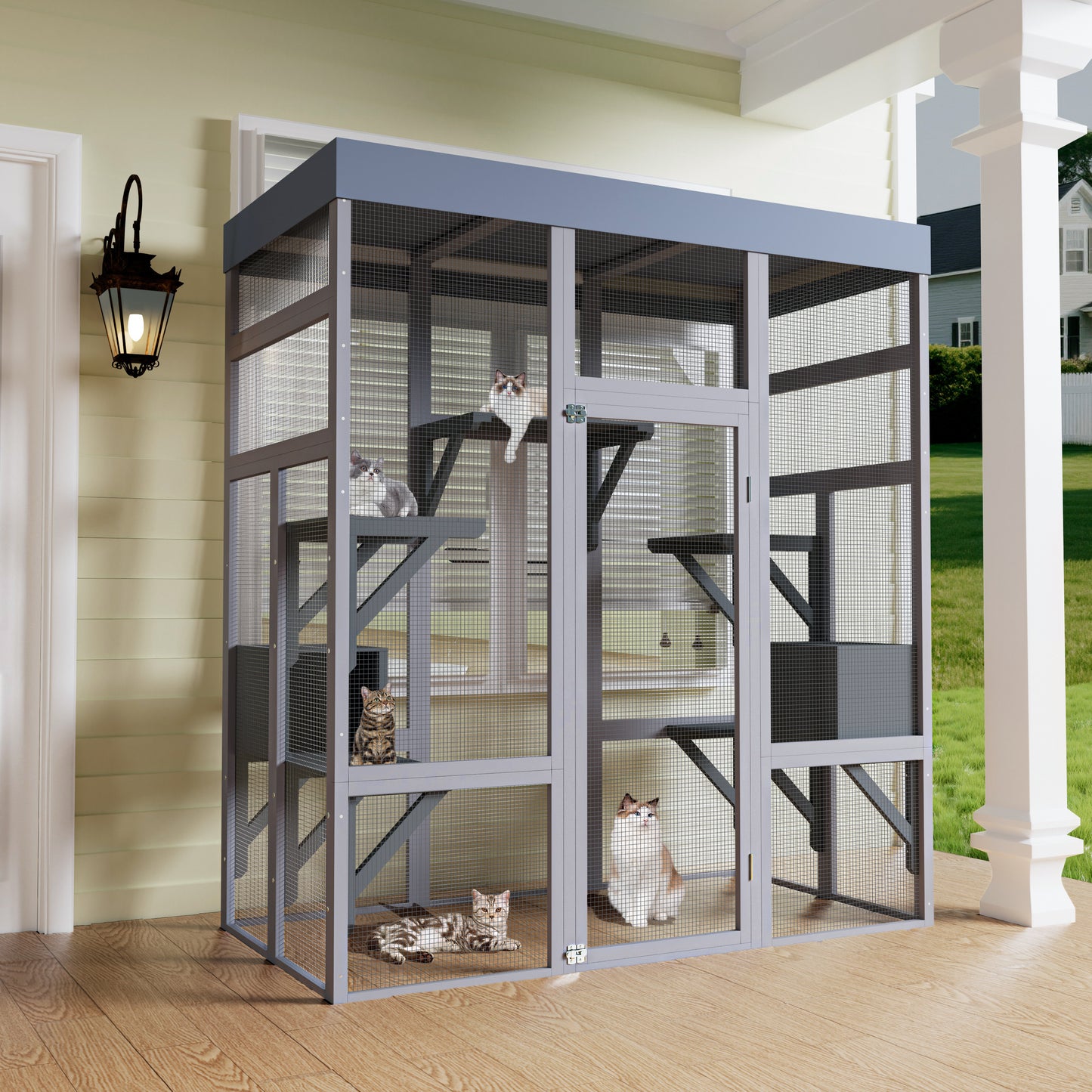 62.6" Wooden Outdoor Catio for Cats, Large Cat Enclosure with Waterproof Roof, 2 Napping House, Platforms & Galvanized Wire – Pet Cage for Backyard or Patio image 7