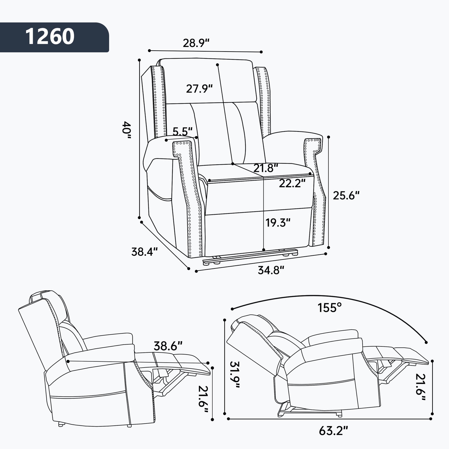 Blue Manual Recliner Chair in Faux Leather for Living Room with Heavy Duty Motion Mechanism, 8 vibrating nodes and 3 massage modes. image 3