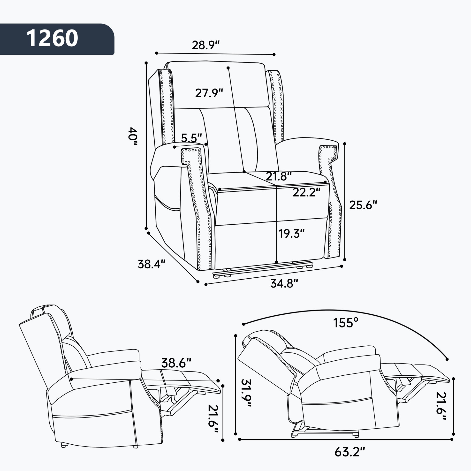 Blue Manual Recliner Chair in Faux Leather for Living Room with Heavy Duty Motion Mechanism, 8 vibrating nodes and 3 massage modes. image 3