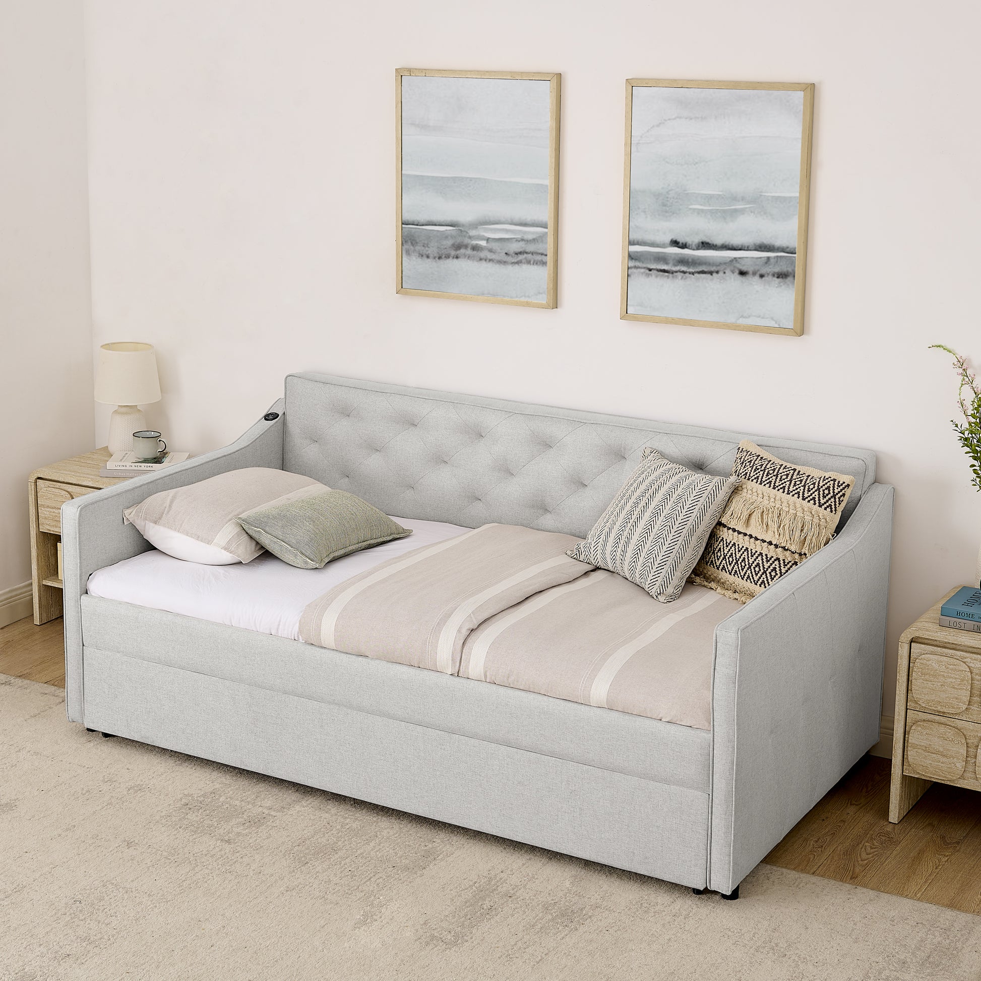 Twin Size Upholstery DayBed with Twin Size Pop-up Trundle and USB Charging Design image 6