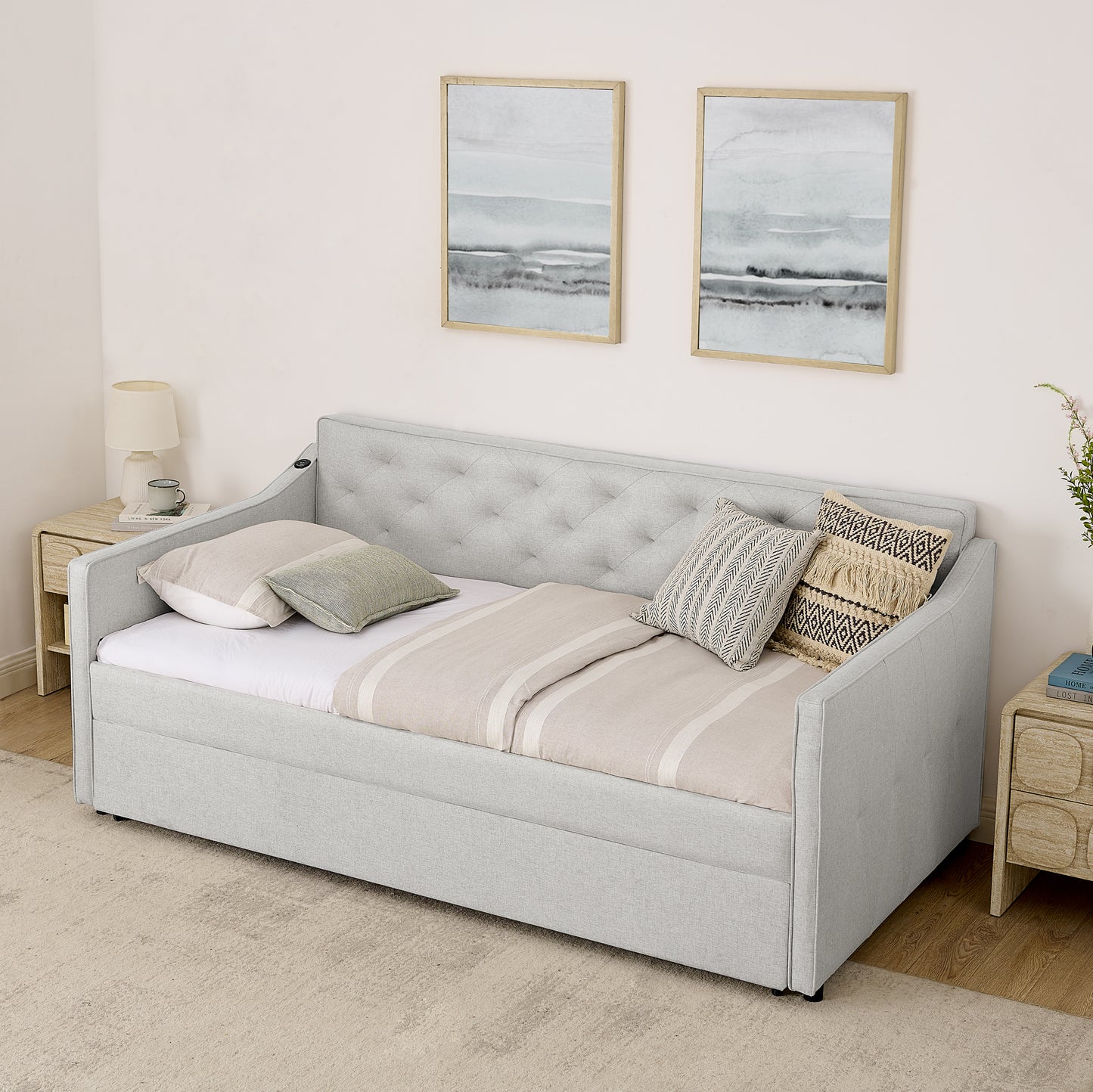 Twin Size Upholstery DayBed with Twin Size Pop-up Trundle and USB Charging Design image 6