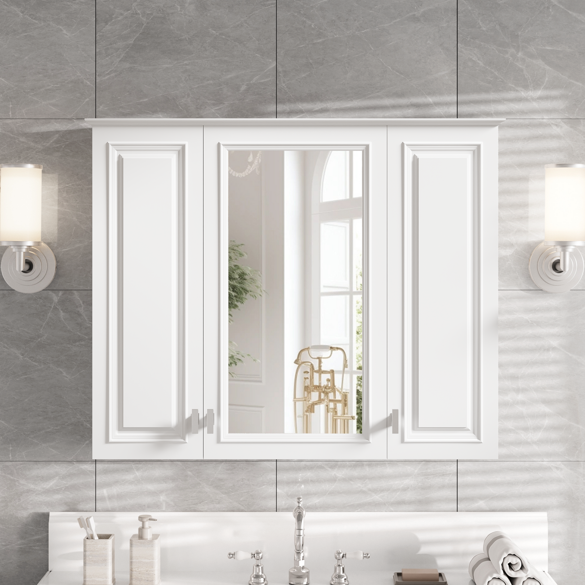 35 inch 2-in-1 Bathroom Wall Cabinet, Wall Mounted Medicine Cabinet with 5 Adjustable Shelves, Mirrored Door Over Toilet Storage Cabinet, White image 1