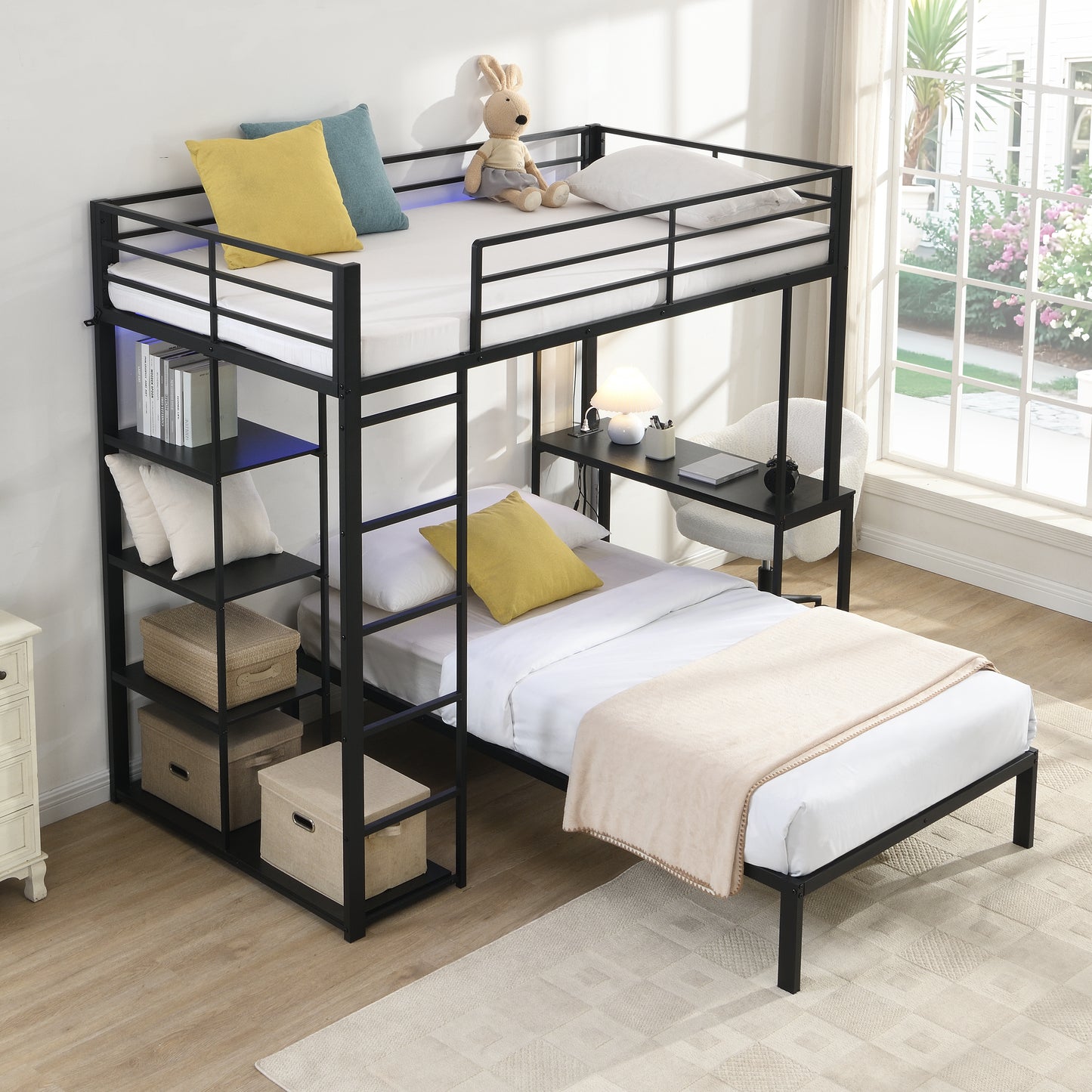 Metal Loft Bed Frame with LED Light Strip, Side Storage Shelves & Built-in Desk, TWIN/TWIN Size Metal Bunk Bed, Dorm, Apartment, Guest Room image 2