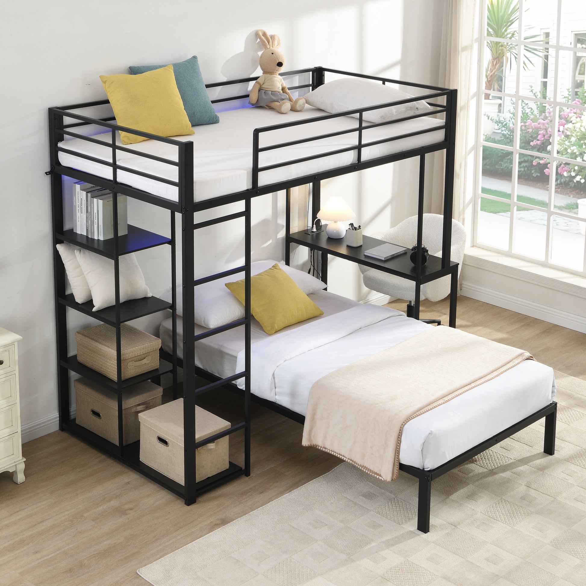 Metal Loft Bed Frame with LED Light Strip, Side Storage Shelves & Built-in Desk, TWIN/TWIN Size Metal Bunk Bed, Dorm, Apartment, Guest Room image 2