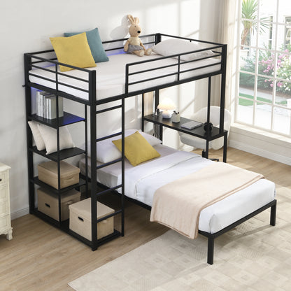 Metal Loft Bed Frame with LED Light Strip, Side Storage Shelves & Built-in Desk, TWIN/TWIN Size Metal Bunk Bed, Dorm, Apartment, Guest Room image 2