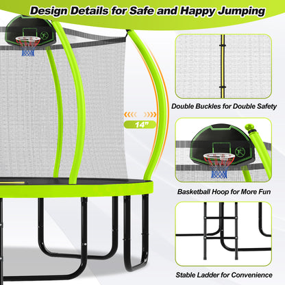 16FT Trampoline with Basketball Hoop for Kids and Adults, Round Outdoor Trampoline with Enclosure Net & Curved Poles & Ladder,Green image 5