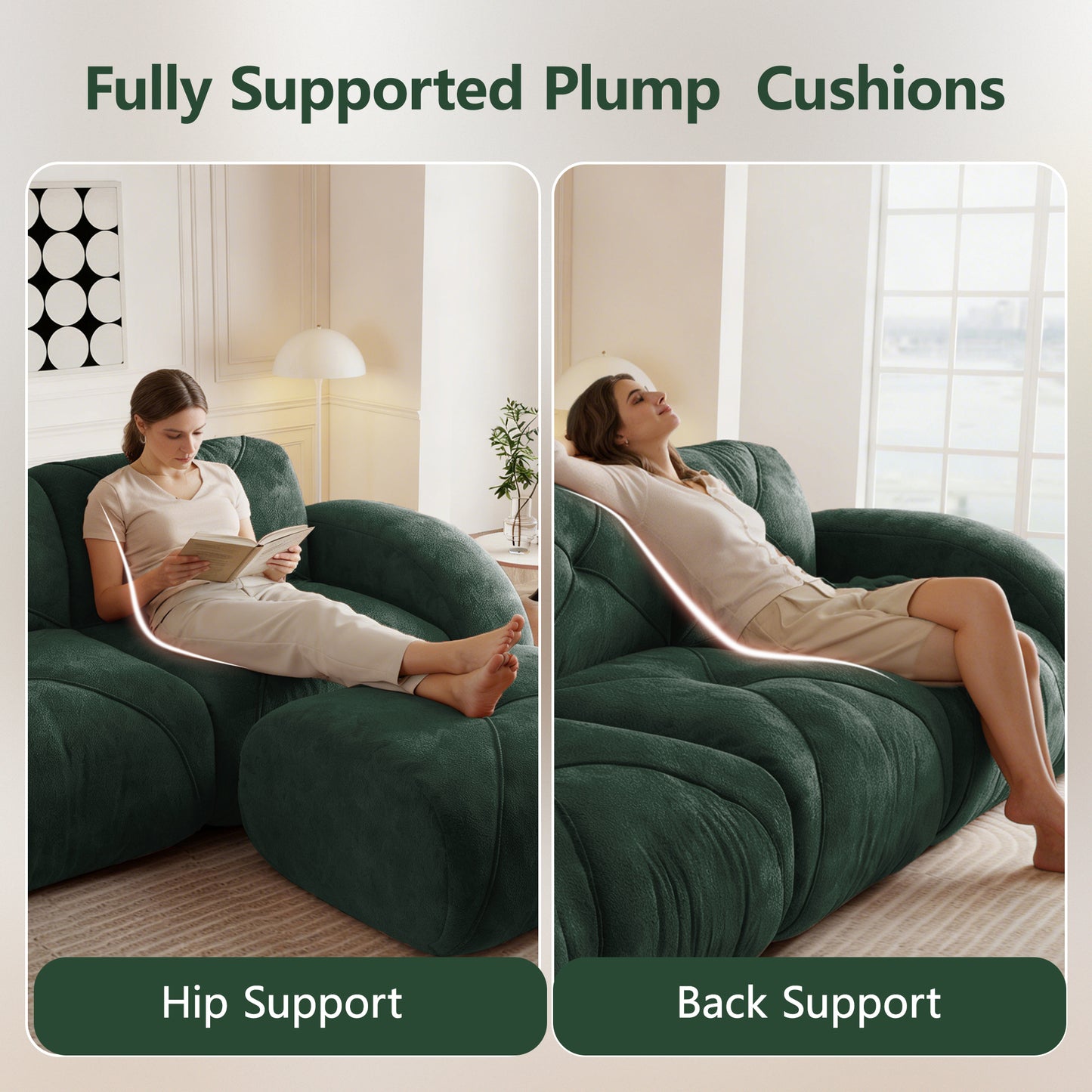 2-seater Tufted Sofa Couches With boneless Sofa,Soft Velvet Fabric,Bottom Anti-Slip Design,32D High Density Sponge,Ergonomic Design Bottom,No Assembly Required,Fits Living Rooms,Green image 6