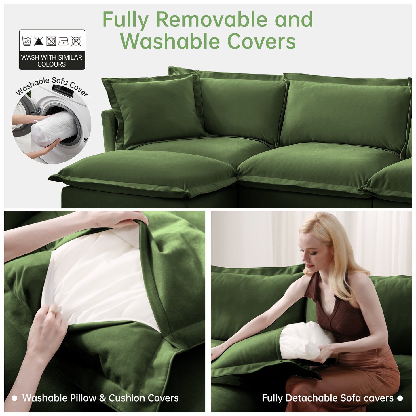 Modern Slipcovered 2-Seat Sofa Couches for Living Room, 2 Seater Sofa, Plain Chenille Deep Seat Sofa with Upholstered Cushion&Detachable Cover, Comfy Sofa Couch for Small Space, Apartment, Green image 8