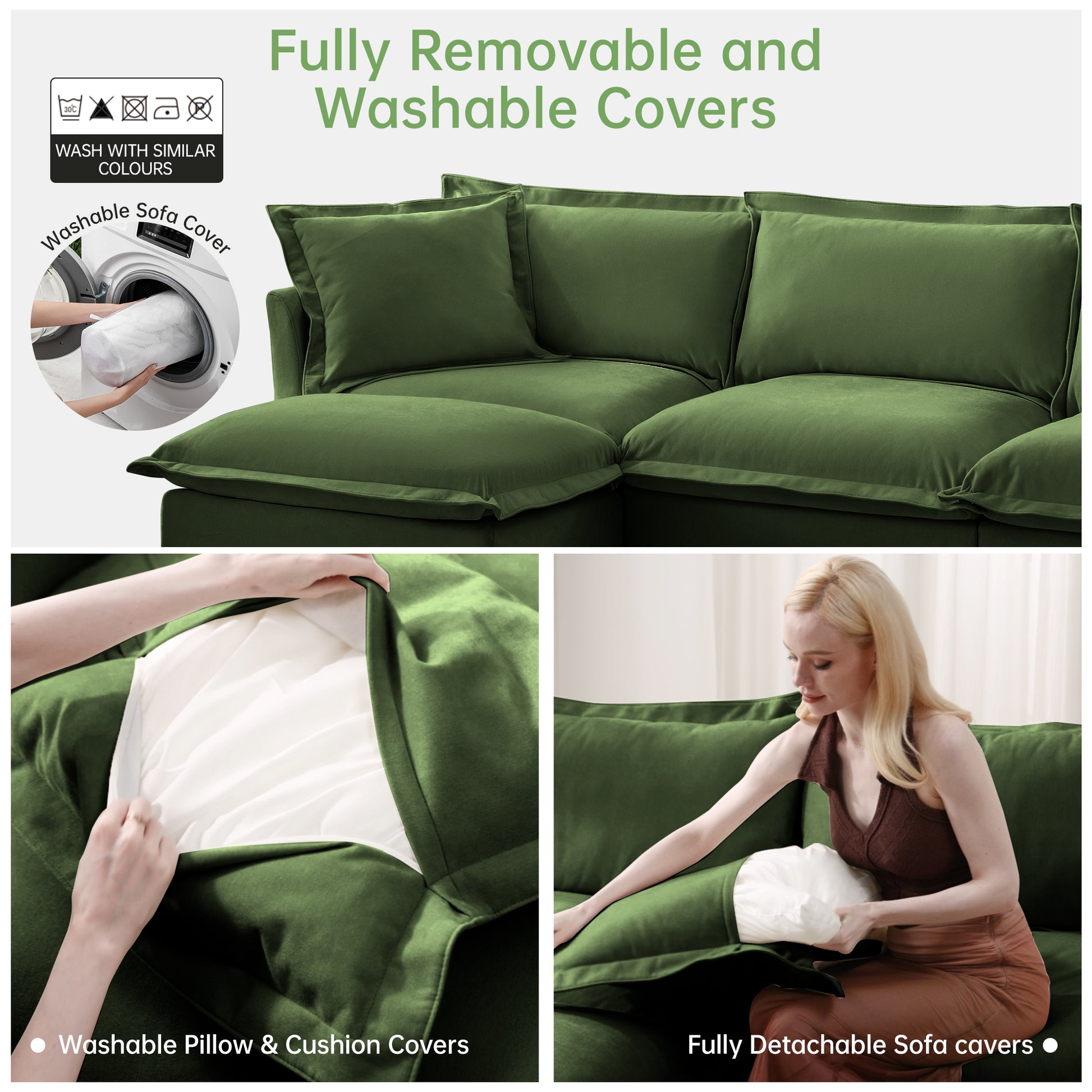 Modern Slipcovered 2-Seat Sofa Couches for Living Room, 2 Seater Sofa, Plain Chenille Deep Seat Sofa with Upholstered Cushion&Detachable Cover, Comfy Sofa Couch for Small Space, Apartment, Green image 8