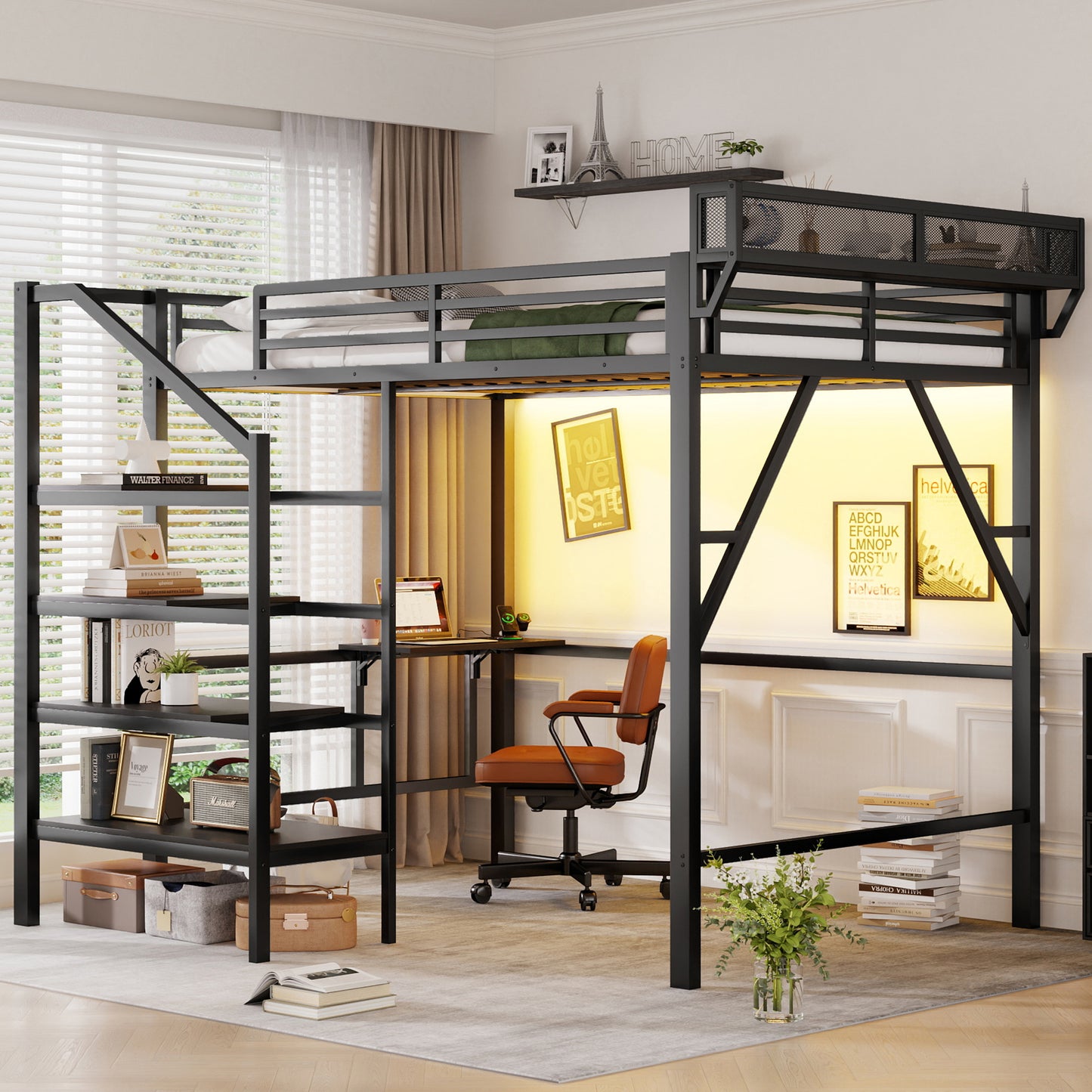Queen Size Loft Bed with Foldable Desk and Charging Station,Metal Queen Loft Bed with Light Strip and Staircase Storage for Kids Teens Adults, Patent Products,Black(Expect Arrival Date 2026/4/10) image 3