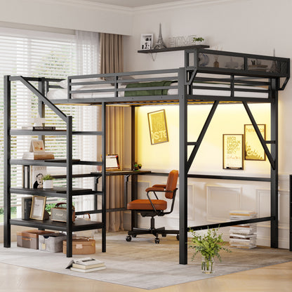 Queen Size Loft Bed with Foldable Desk and Charging Station,Metal Queen Loft Bed with Light Strip and Staircase Storage for Kids Teens Adults, Patent Products,Black(Expect Arrival Date 2026/4/10) image 3