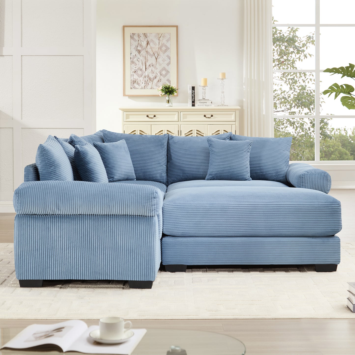 Oversized Cloud Modular Sectional Couch, Convertible Sectional Couches, Extra-Thick Armrests With An Ottoman,Soft Corduroy Fabric, Ergonomic Design, Easy Assembly,For Living Rooms Reading Rooms,Blue image 3
